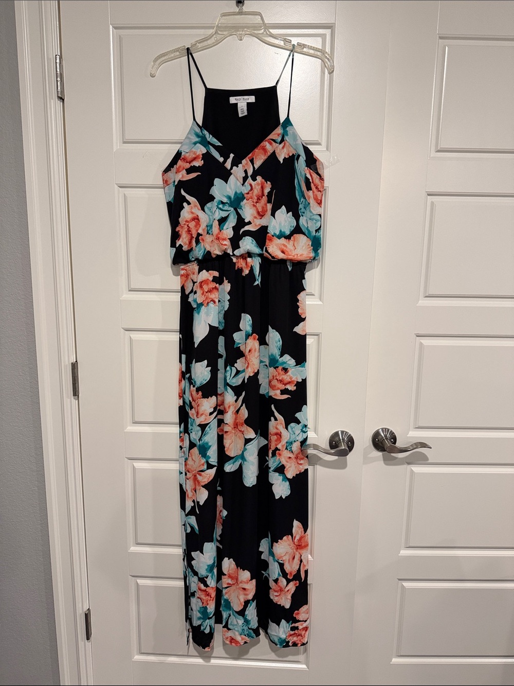 White House Black Market Black Maxi Dress with Coral & Teal Floral Print